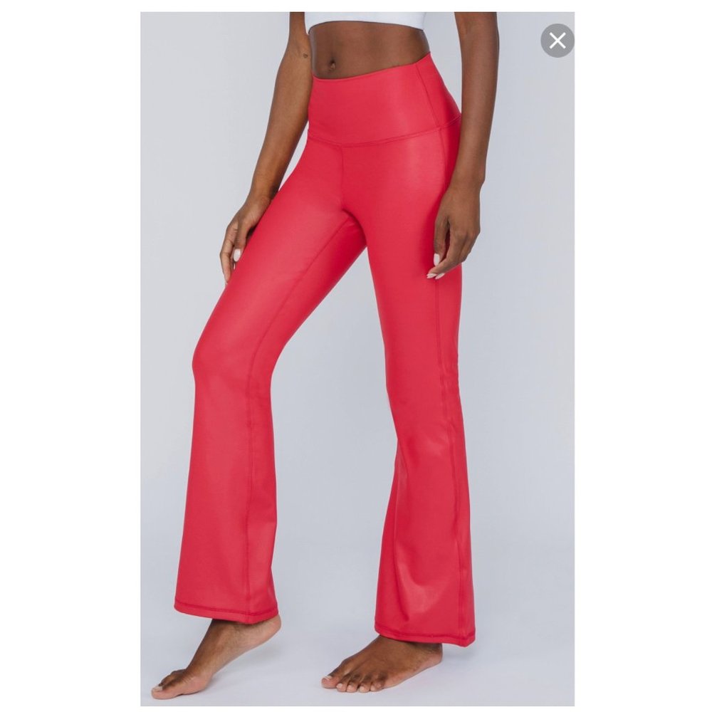 90 Degree by Reflex Faux Leather Elastic Free High Waist Flare Leg Yoga Pants Si